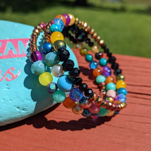 Beaded Bracelet Handmade Glass Rondelles Beads Artisan Colorful Sparkly Cute - Picture 6 of 14